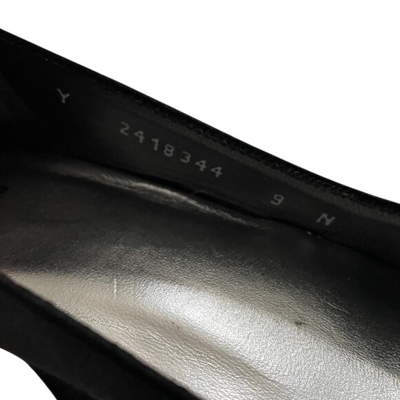 Stuart Weitzman Peep Toe Heels Size 9 N Narrow Black Satin Ruffle Bow Accent - Picture 6 of 6